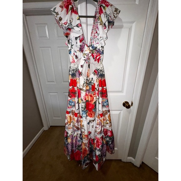 Bella Burnett  Floral Print Maxi Dress Ruffle Sleeve Smocked Waist Tie - Picture 12 of 12